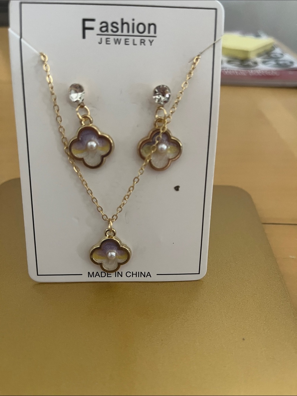 Fashion Jewelry Gold-Tone Purple Flower Pendant Necklace & Earrings Set